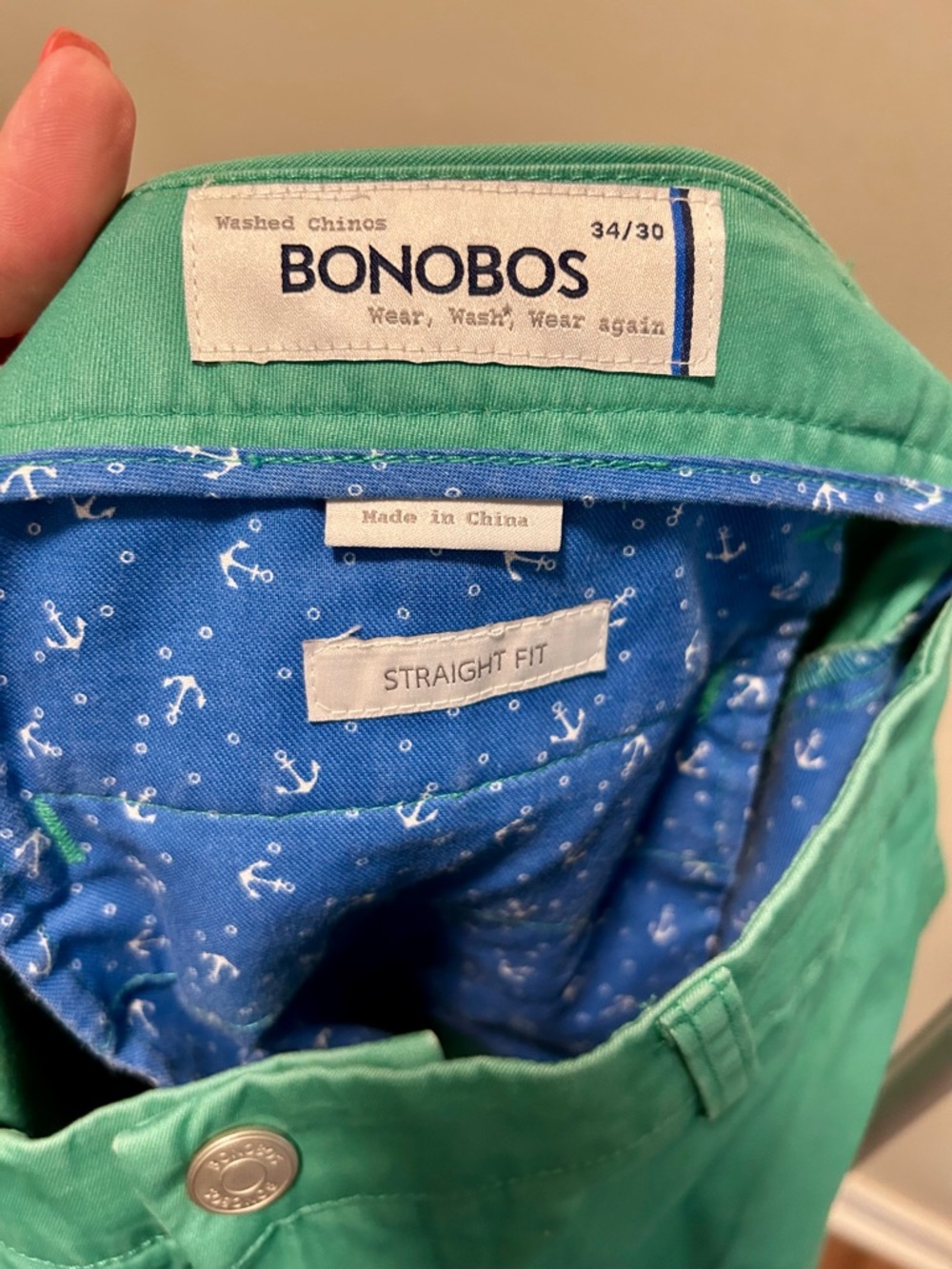 Bonobos Green Straight Fit Chinos with Blue Anchor Pocket Lining